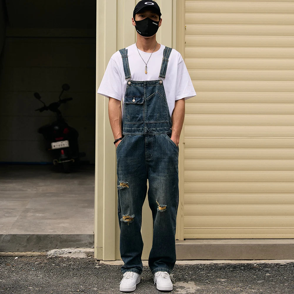 Men Loose Holes Ripped Denim Bib Overalls Pockets Distressed Blue Jeans Adjustable Suspenders Jumpsuits Coveralls Dungarees