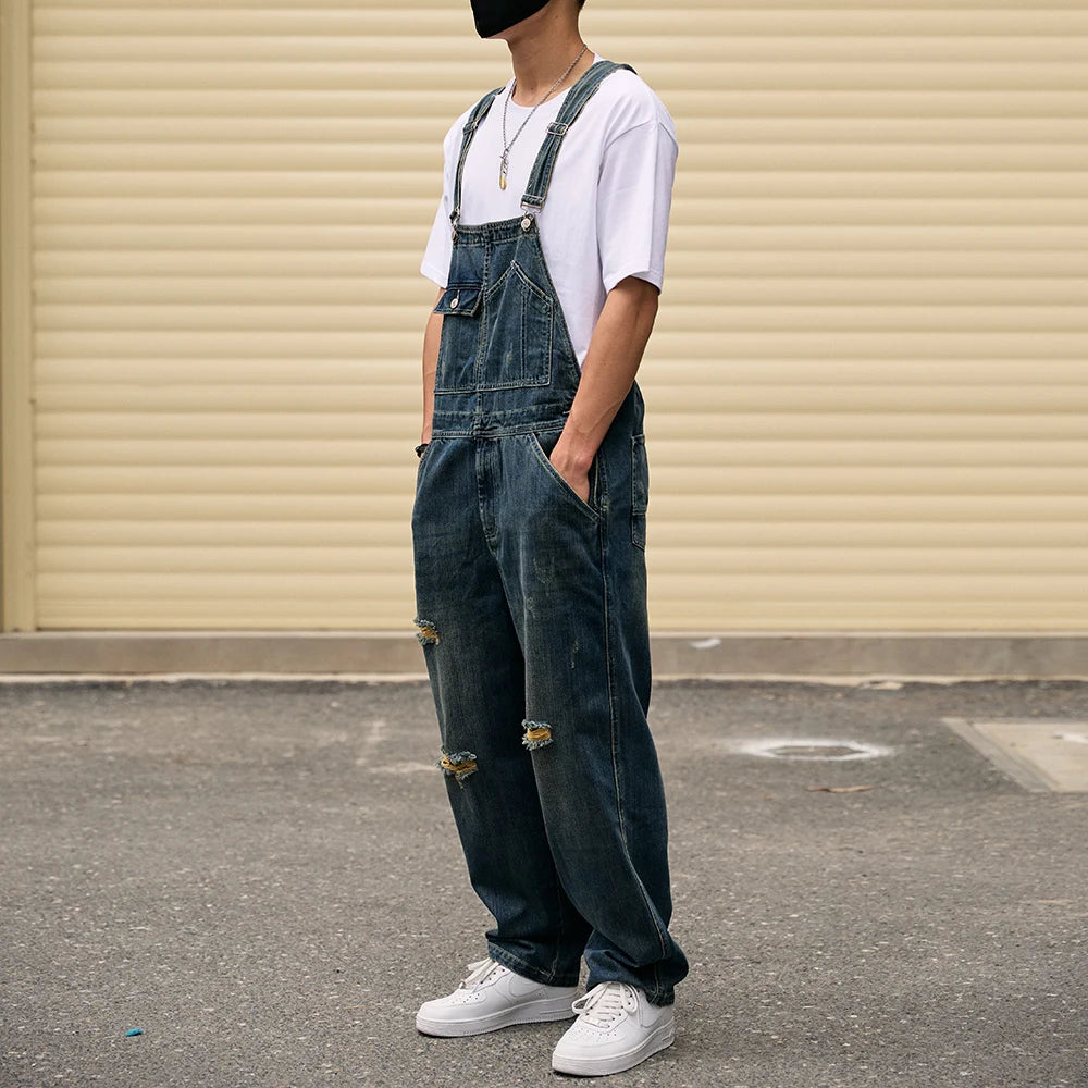 Men Loose Holes Ripped Denim Bib Overalls Pockets Distressed Blue Jeans Adjustable Suspenders Jumpsuits Coveralls Dungarees