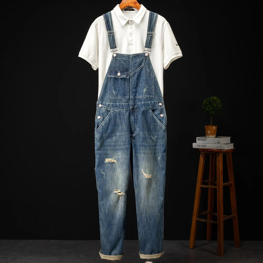 Men Loose Holes Ripped Denim Bib Overalls Pockets Distressed Blue Jeans Adjustable Suspenders Jumpsuits Coveralls Dungarees