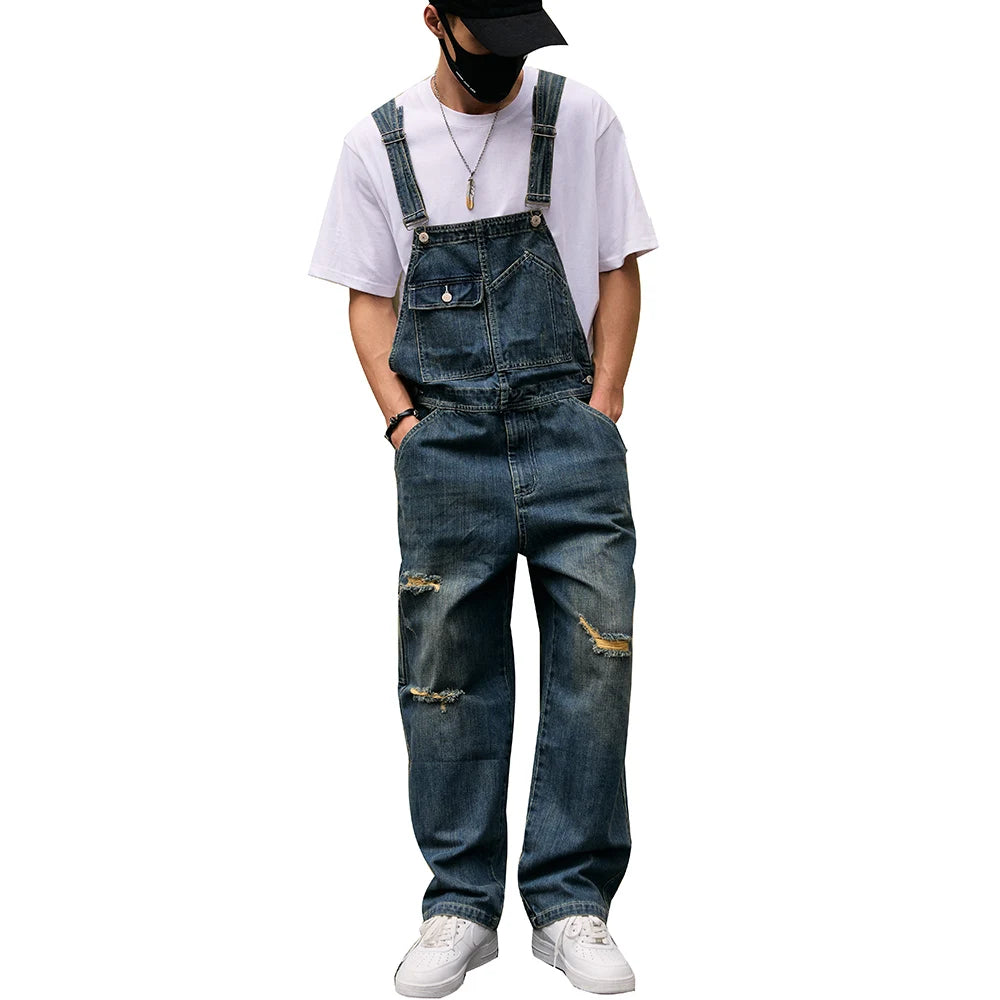 Men Loose Holes Ripped Denim Bib Overalls Pockets Distressed Blue Jeans Adjustable Suspenders Jumpsuits Coveralls Dungarees