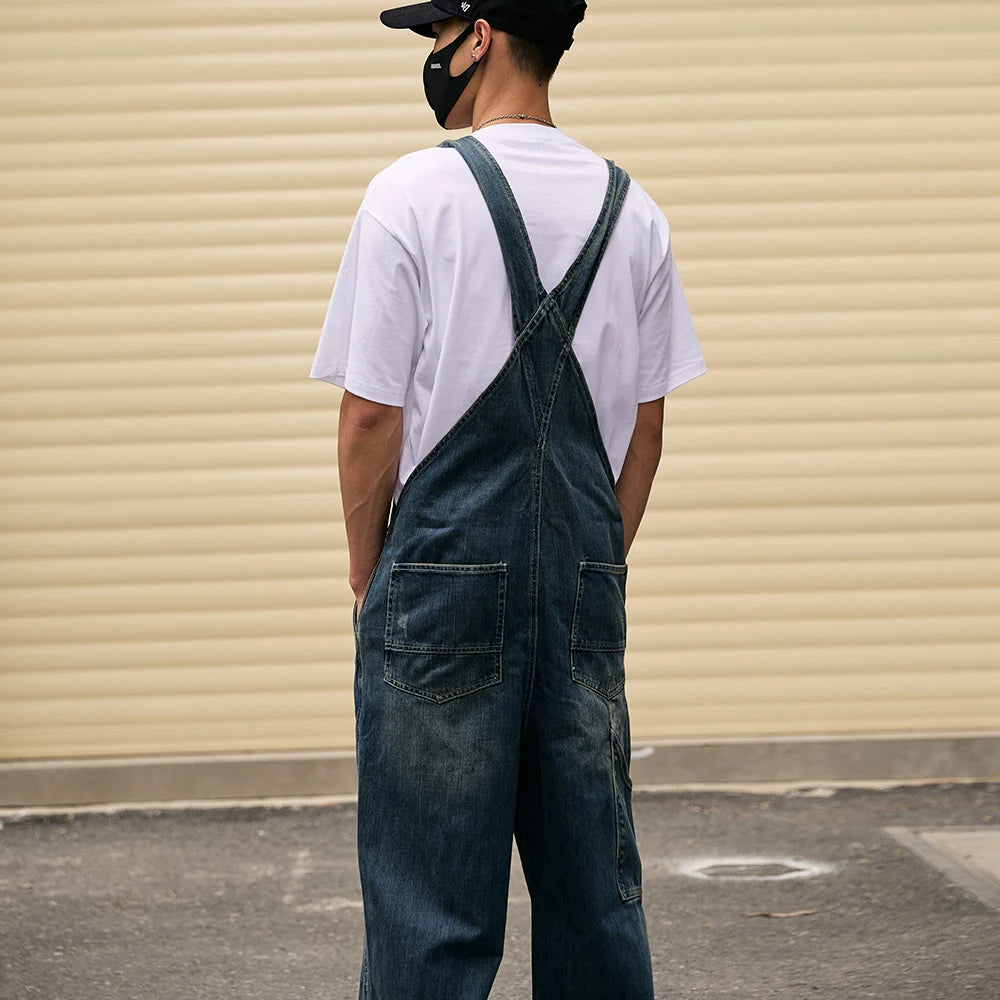 Men Loose Holes Ripped Denim Bib Overalls Pockets Distressed Blue Jeans Adjustable Suspenders Jumpsuits Coveralls Dungarees