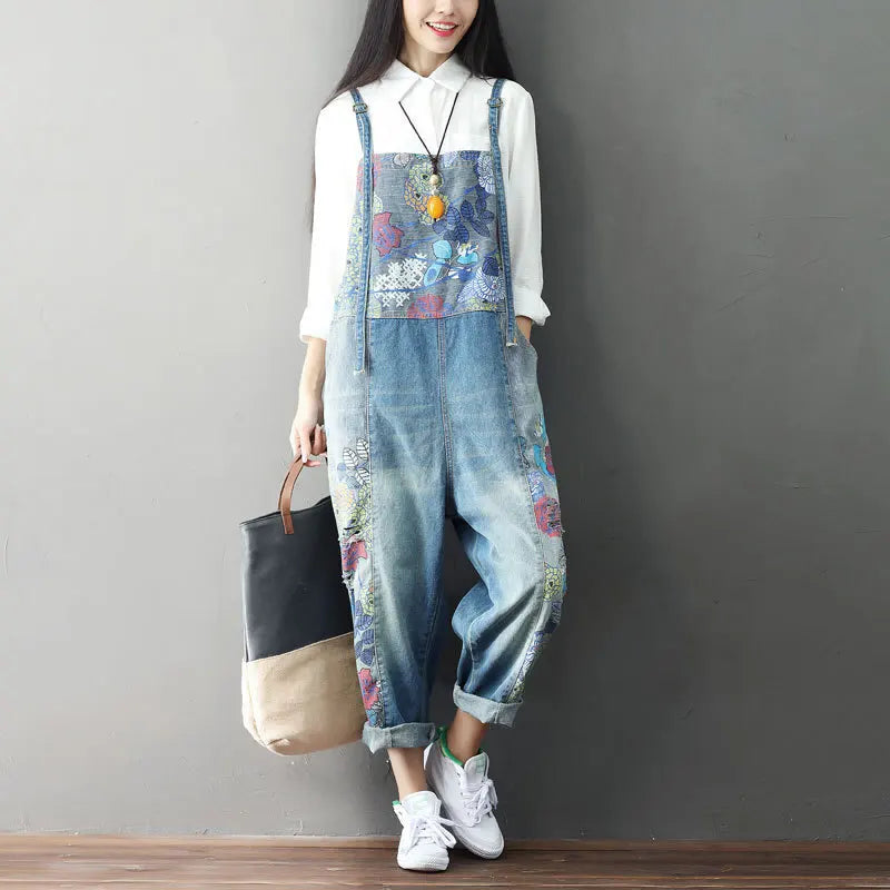 Salopette Jeans Fiori Blue