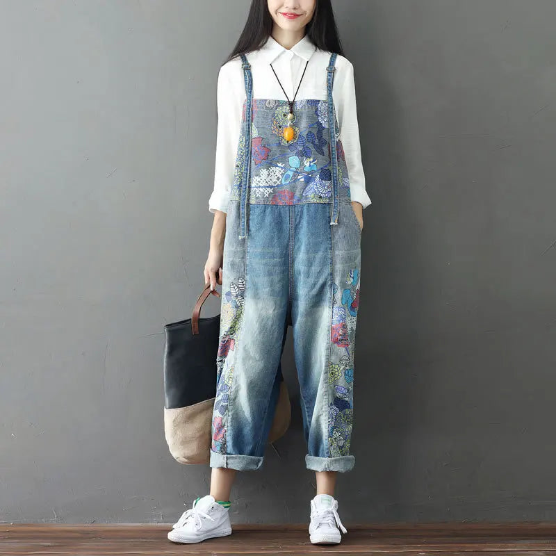 Salopette Jeans Fiori Blue
