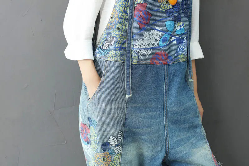 Salopette Jeans Fiori Blue